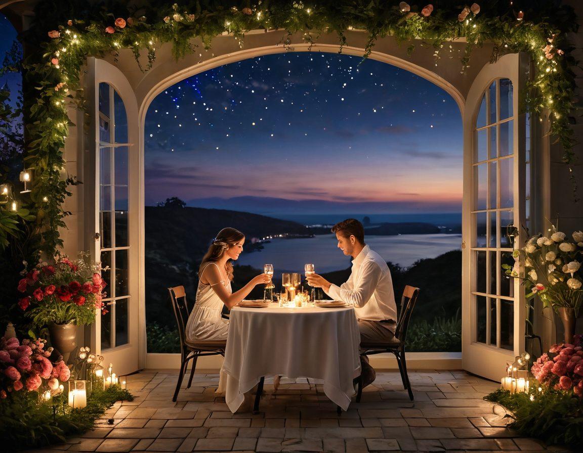 A romantic table set for two under a starlit sky, with flickering candles and delicate flowers creating an intimate atmosphere. Include soft, glowing lights in the background and a couple exchanging meaningful glances, showcasing deep connection. The scene evokes warmth, love, and passion with lush greenery surrounding. vibrant colors. super-realistic.
