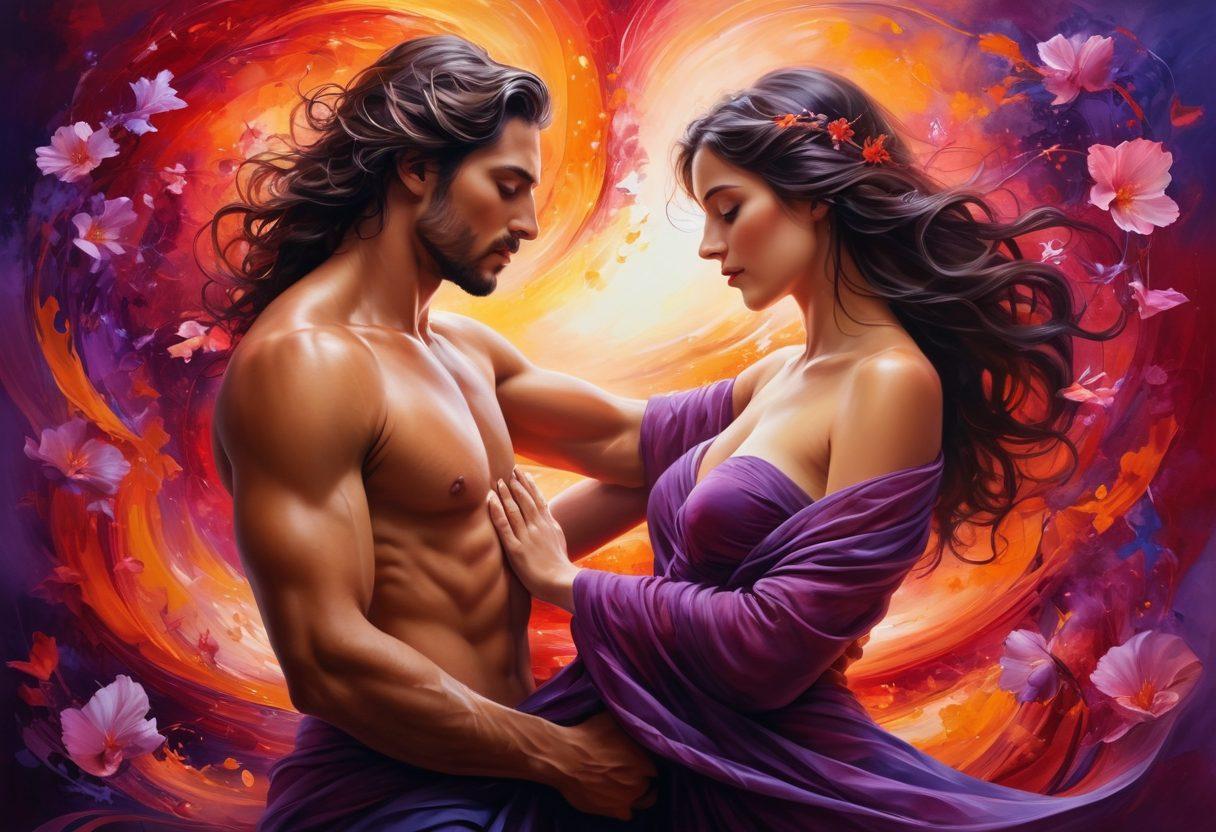 A vibrant and sensual abstract representation of two figures gracefully intertwining, surrounded by swirling colors that symbolize passion and connection. Include glowing elements that evoke warmth and intimacy, with hints of nature like soft, flowing petals. The background should be a tapestry of warm reds and deep purples, enhancing the romantic theme. super-realistic. vibrant colors. soft focus.