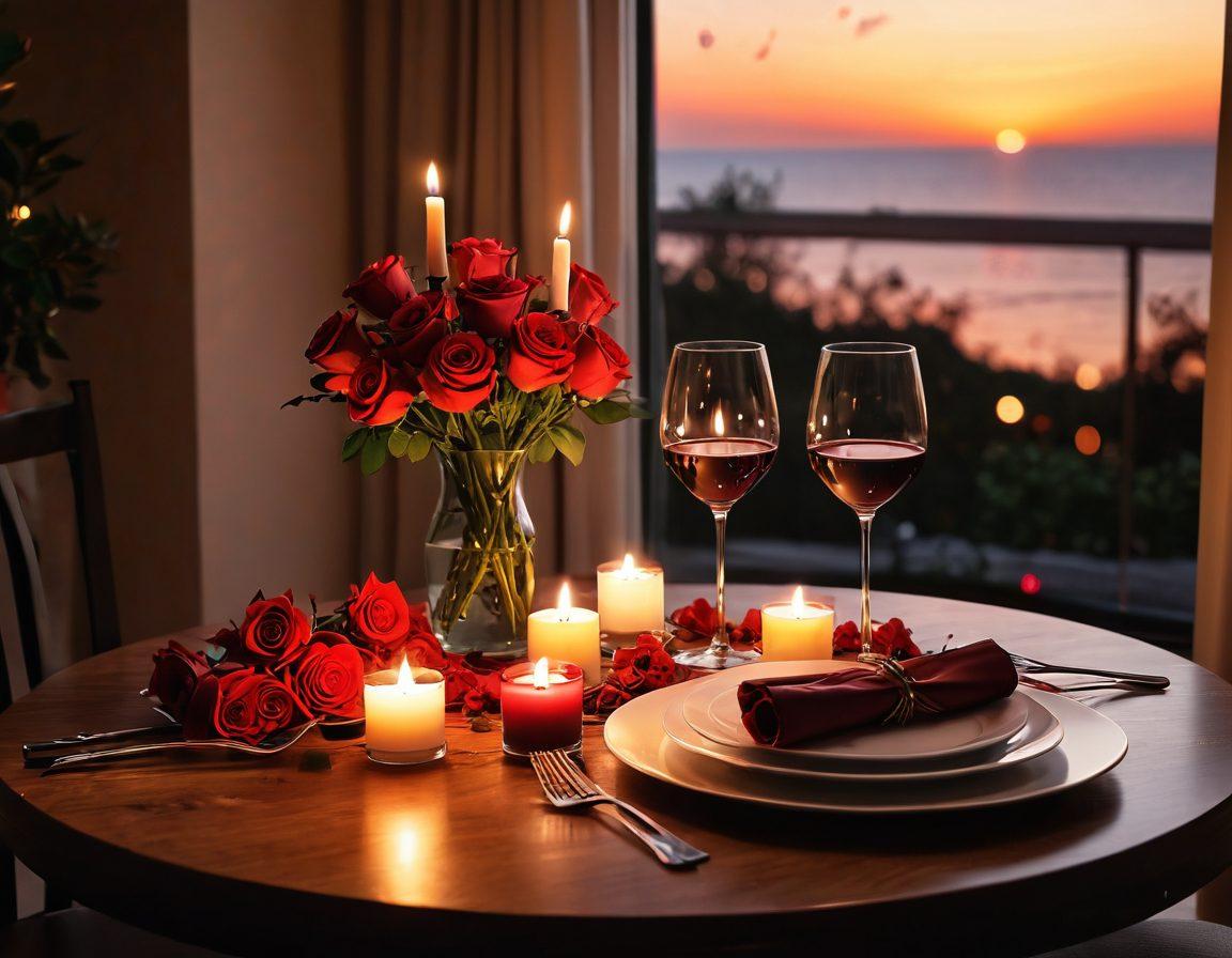 A cozy candle-lit setting featuring a beautifully arranged dinner table with roses, soft music notes dancing in the air, and two glasses of red wine. The background softly blurs into a warm sunset, creating an inviting, intimate atmosphere. Include subtle flames flickering to symbolize 'heat' and passion. dreamy aesthetics. vibrant colors. 3D.